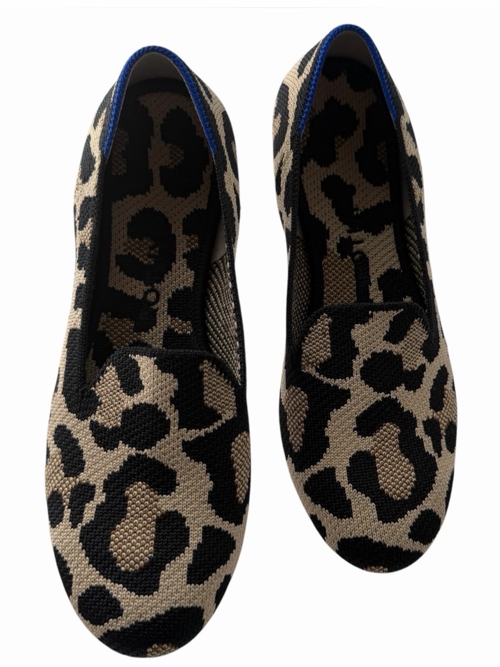 Rothy's Desert Cat Loafer Flats - Black & Tan with Blue Trim